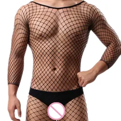 Fetysz mężczyźni Gay Crossdress Wear Bodystocking z otwartym kroczem seksowna bielizna męska Porno Sex przejrzyste bielizna nocna Body z siatkowymi pończochami