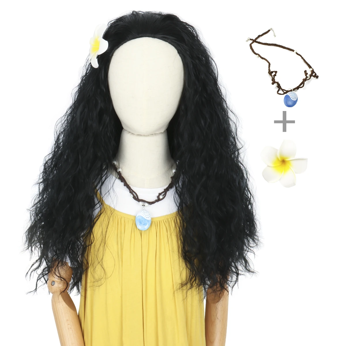 Miss U Hair-peluca larga y rizada para mujer, pelo negro marrón oscuro, Moana, Cosplay de película de Halloween, disfraz para niña y adulto con flor