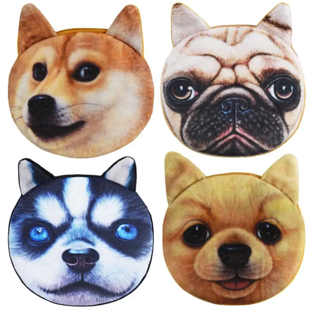 Mini porte-monnaie en peluche avec visage d'animal de dessin animé pour enfants, sac à main chat et chien, fermeture éclair, portefeuille mignon pour filles, porte-cartes et porte-clés, sac à main pour casque