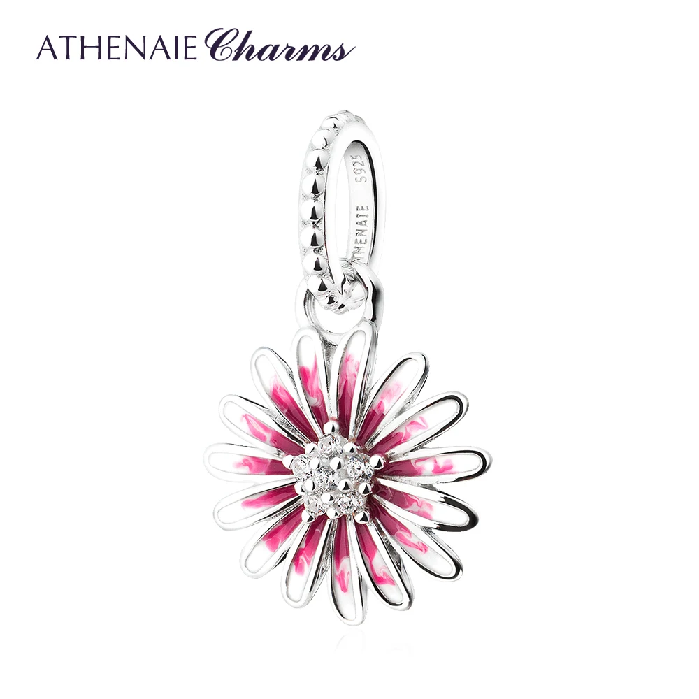 ATHENAIE 925 Sterling Silver Mixed Enamel Shine Zircons Daisy Dangle Charms Flower Pendants for Bracelet And Necklace