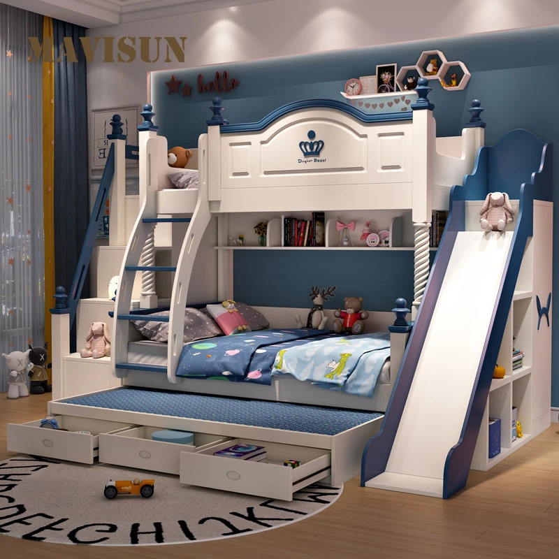 Mediterranean Bunk Bed Children's Bed Boy High And Low Bed Child-Mother Bed And Bottom Bunk Multifunctional Combined Slide Bed