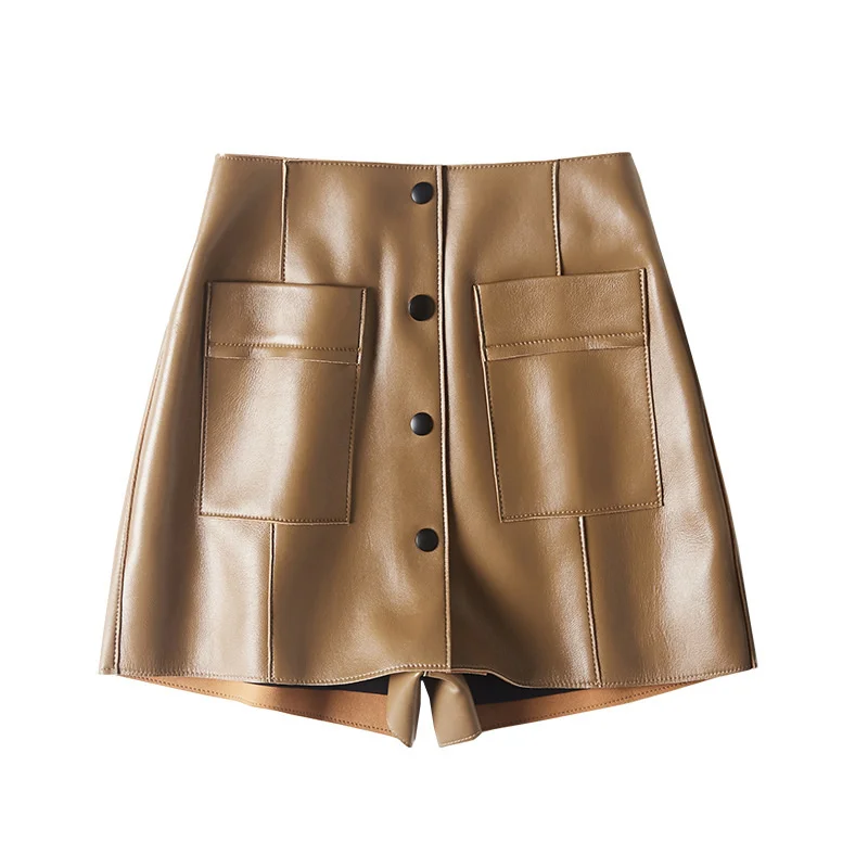 

Genuine Leather Skirt Women High Waist Real Natural Skeepskin Pockets Design Office Ladies Mini Shorts Skirt Female Plus Size