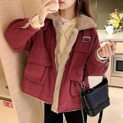 Winter Plus Velvet Thicken Women's Jacket Korean Loose All-match Corduroy Coat Women Loose Casual Zipper Warm Plush Overcoat