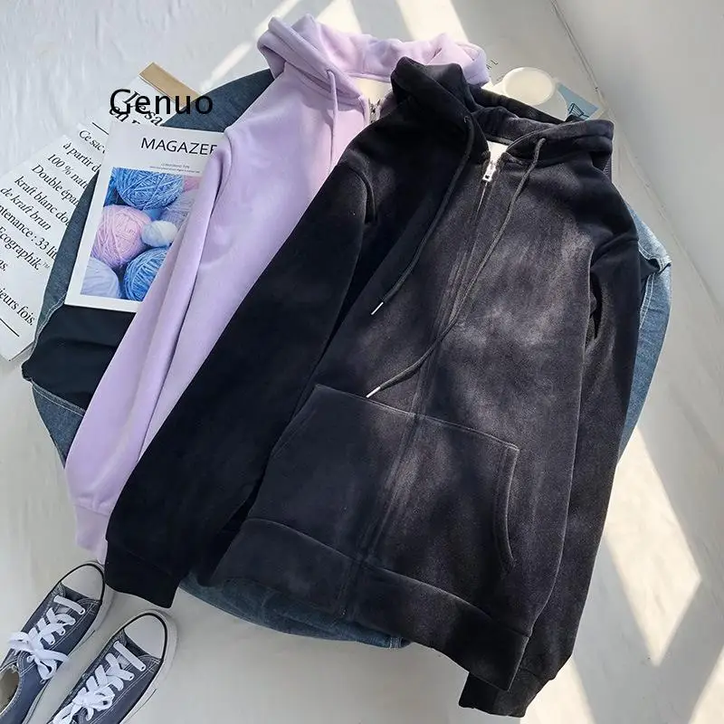 

Winter Sweatshirt Women Movement White Tops Hooded Plus Velvet Thick Zipper Up Hoodie Casual Oversized Black Gray Woman Clothes