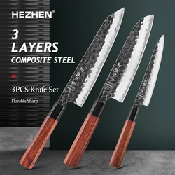 HEZHEN 1-3PC Kitchen Knife Set 3 Layers 10Cr15CoMoV Composite Steel Chef Knives Sharp Santoku Utility Cooking Tools