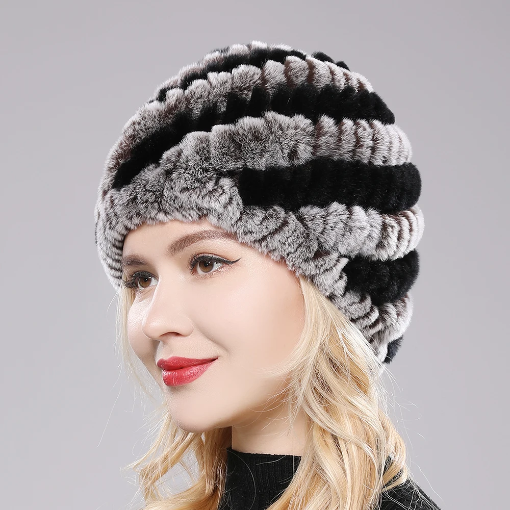 2024 Outdoor Winter Good Elastic Real Fur Hat Women Knitted Natural Rex Rabbit Fur Skullies Cap Warm Soft Real Fur Beanies Hats