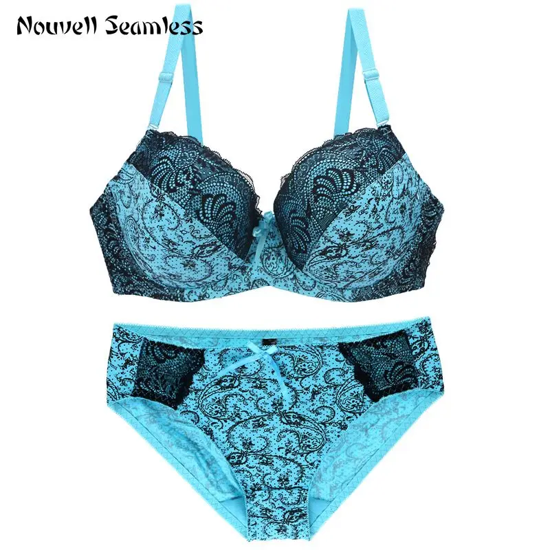 Nouvelle Seamless famous brand sexy high-quality female print bra set, lace flower push-up bra underwear set. Large size underwe