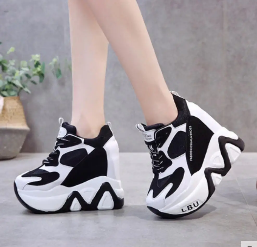 2024 Super High Heels12cm Chunky Sneakers donna autunno spessa altezza inferiore lncordonatura scarpe Casual Lady Mesh Platform Vulcanize