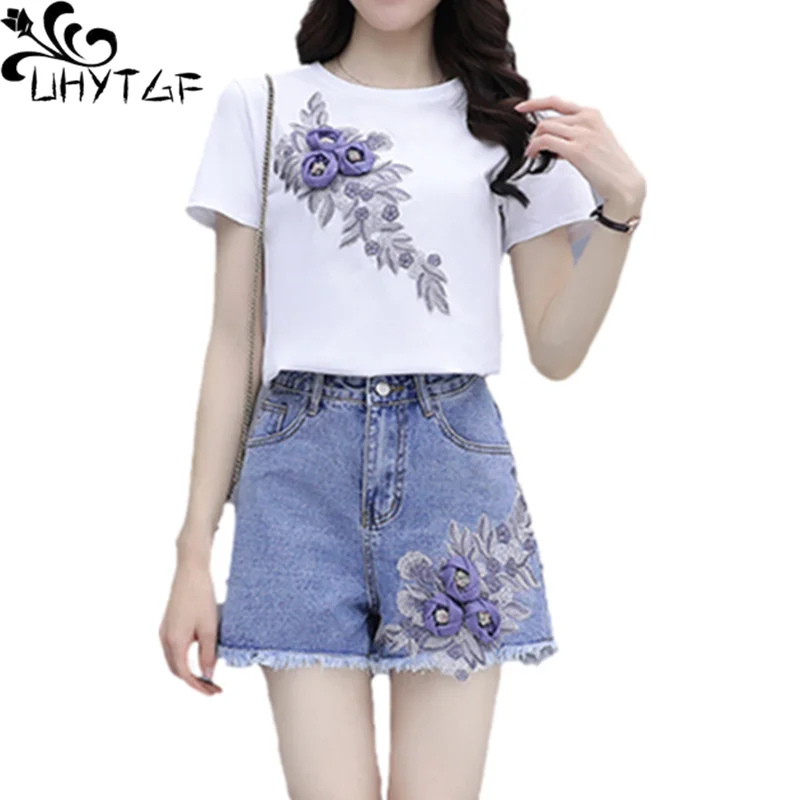 UHYTGF Women Summer Suit Fashion Embroidered Denim Shorts Female Two-Piece Sets Cute Girl T-Shirt Tops Loose Size Tracksuit 1647