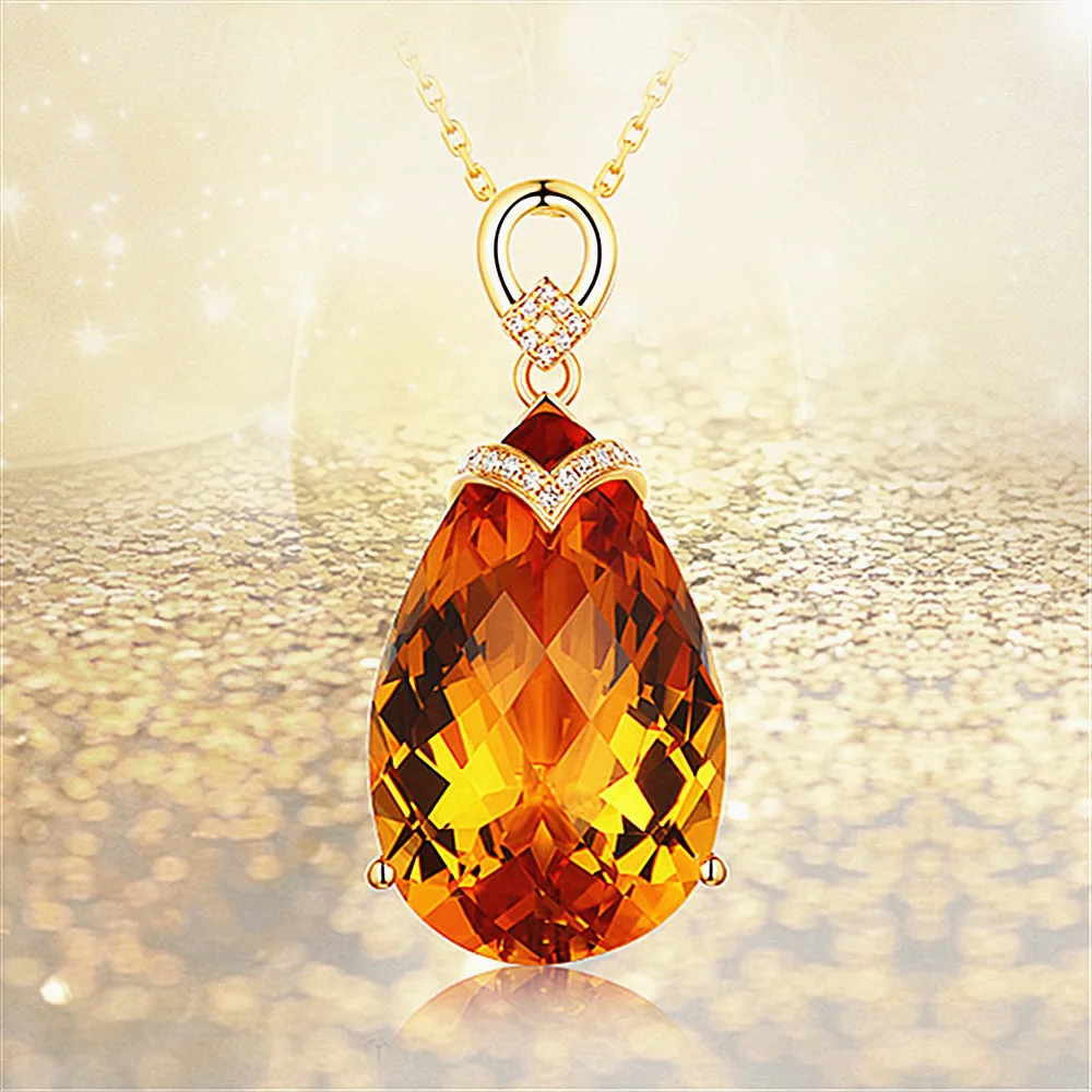 Luxury big carats water drop crystal citrine gemstones diamonds pendant necklaces for women 14k gold color jewelry bijoux gifts