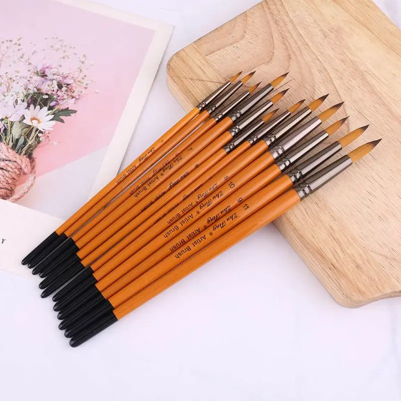 12 шт. Профессиональные кисти для рисования набор нейлоновых волосяных художник акварель акрил, гуашь