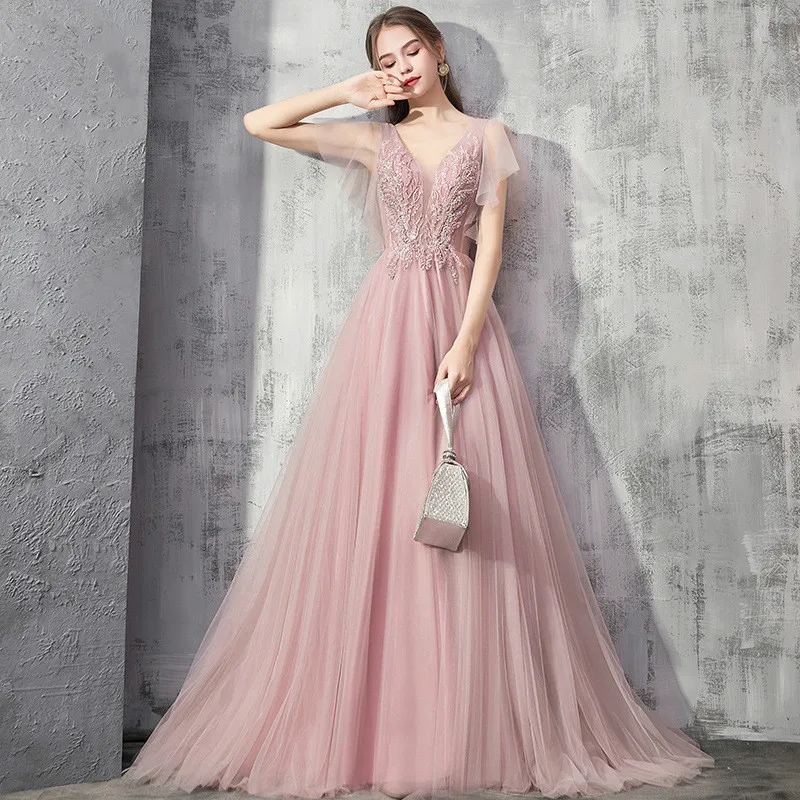 Pink Evening Dress Banquet Elegant V-Neck Lace Appliques Long Prom Formal Party Gown