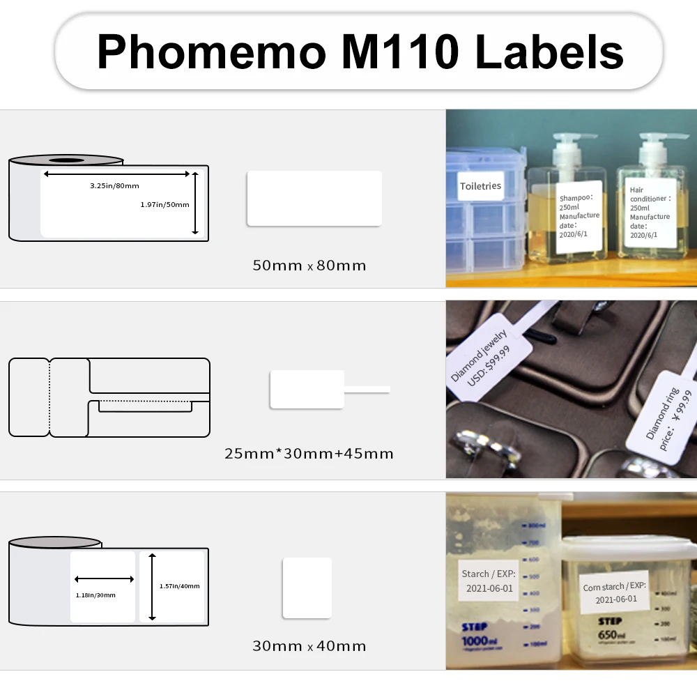 Phomemo M110 tepelný nálepka knihtiskař etiket pro domácí úřad etiket pestrý lepidlo papír kolo čtverec printable nálepka papír