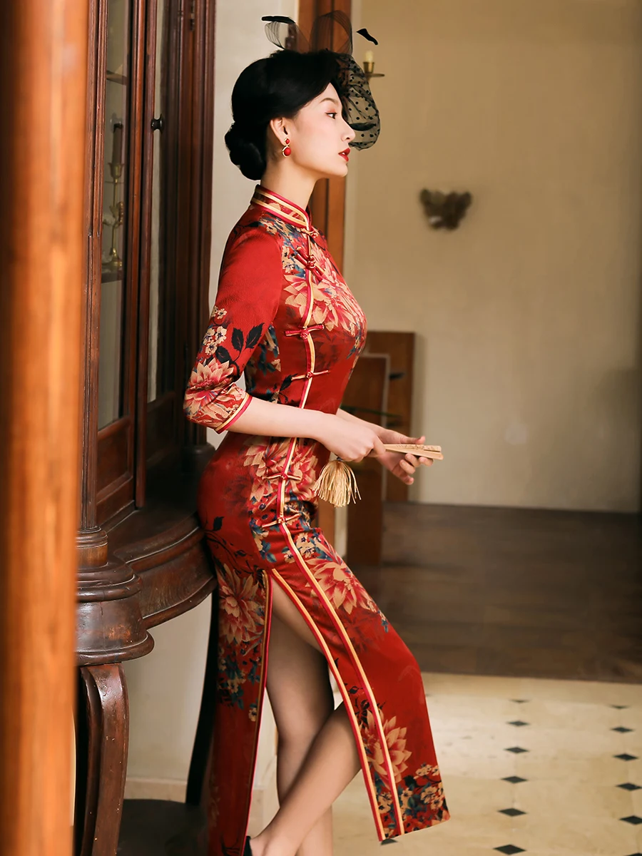 Silk Qipao Evening Dresses Red Print Customized Cheongsam Dress MiddleSleeve  Cheongsams Long Qipao Chinese Dress Oriental Dress