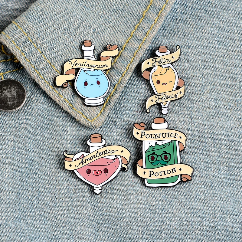 Felix Felicis Polyuice Potion Enamel Pins Witch Wizard Brooch Cartoon Bottle Badges Fashion Jewelry Gift for Women Men Wholesale