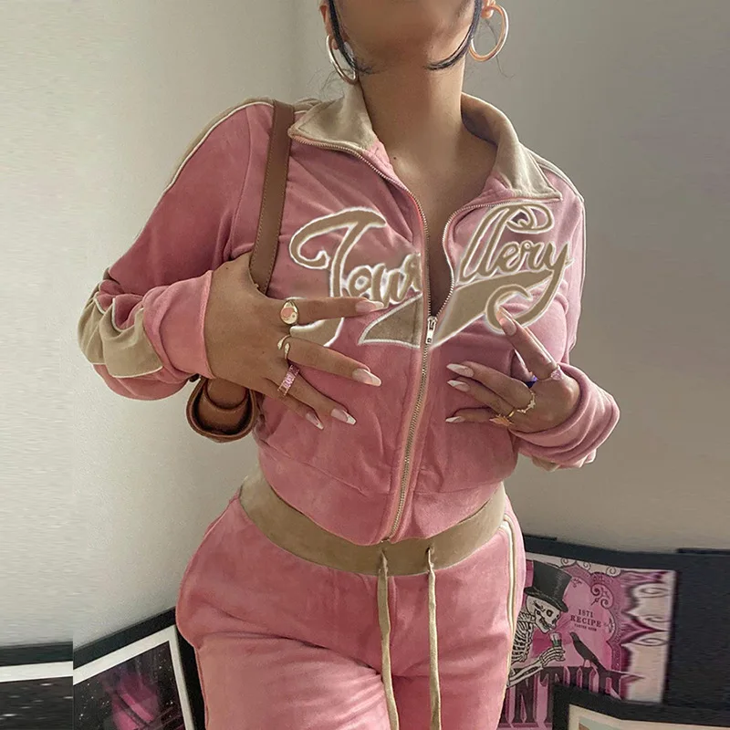 Tracksuit Set Women Fashion Letter Print Velvet Streetwear Outfits Female Zipper Sport Clothes Straight Tracksuit Casual Moda