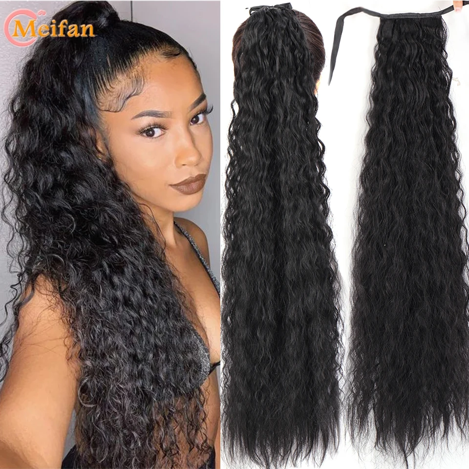 MEIFAN Long Synthetic Afro Kinky Curly Ponytail Hair Pieces Ribbon Drawstring Clip on Ponytail Hair Extensions False Hair Pieces