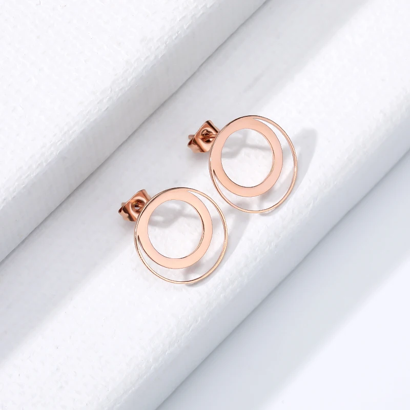 Stainless Steel Bijoux Geometric Circle Stud Earrings Rose Double Round  Earrings For Women