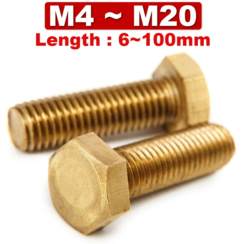 DIN933 M4 M5 M6 M8 M10 M12 M14 M16 M20 Brass Hexagonal Machine Screws Copper Bolts Hexagon Head Screws Threaded HW207 1~20Pcs