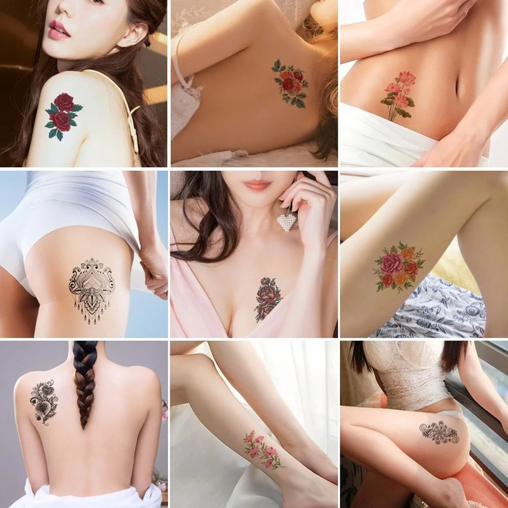 12 Sheets Health Realistic Flower Rose Temporary Tattoos Flash Body Art Arm Women Sleeve Waterproof Fake Flash Tattoo Stickers