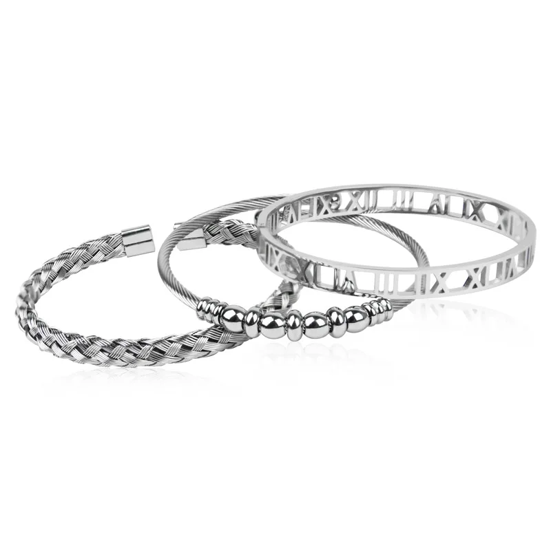 3 pieces/set of luxury hollow Roman numeral 316L stainless steel wristband braided bracelet open C-shaped cuff women\'s bracelet