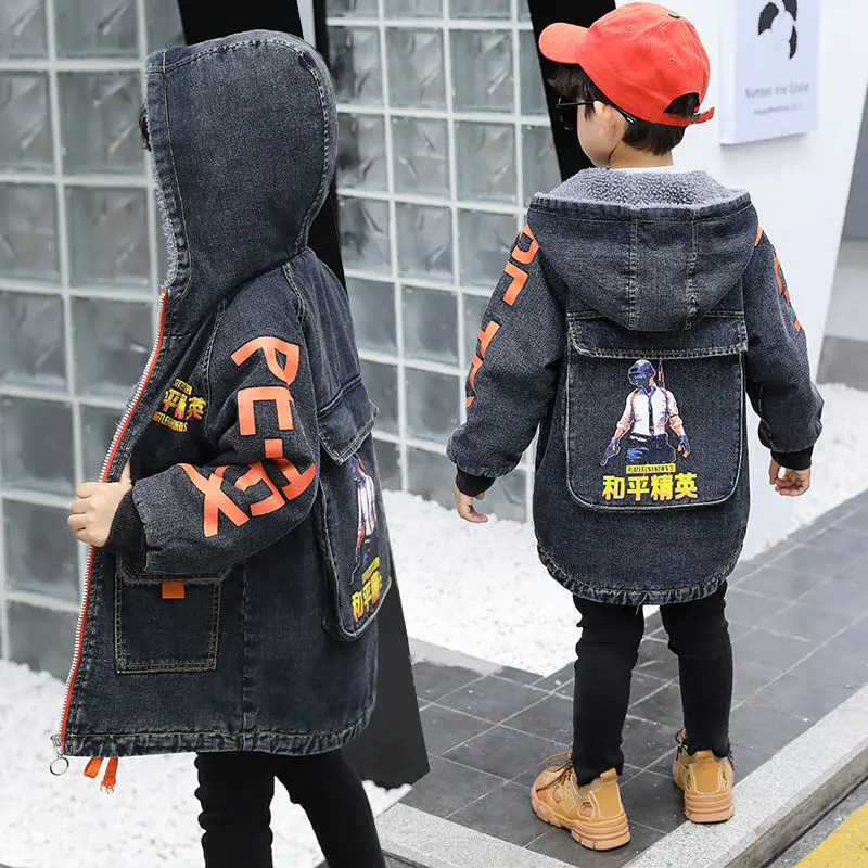 Denim Jacket Boys 2024 Autumn Winter Fashion Cartoon Plus Velvet Hooded Warm Trench Coat Children\'s Outerwear Teenager Clothes