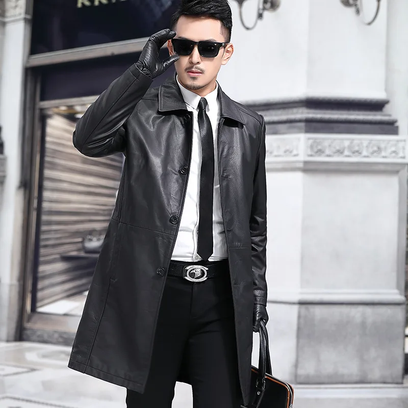 Men's 5XL Cow Leather Trench Coat Black Casual