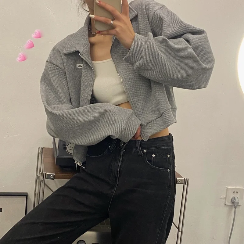 Cropped Jackets Women Zipper Chic Streetwear Solid Loose Hot Girls College Feminine Coats Harajuku Basic Ins Students Ulzzang