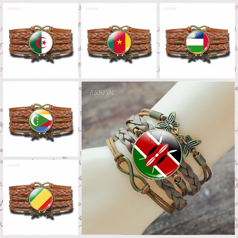 

Flag Bracelet Africa National Flag Egypt Nigeria Libya South Africa Bronze Brown leather Glass Jewelry Patriot Souvenir Bracelet