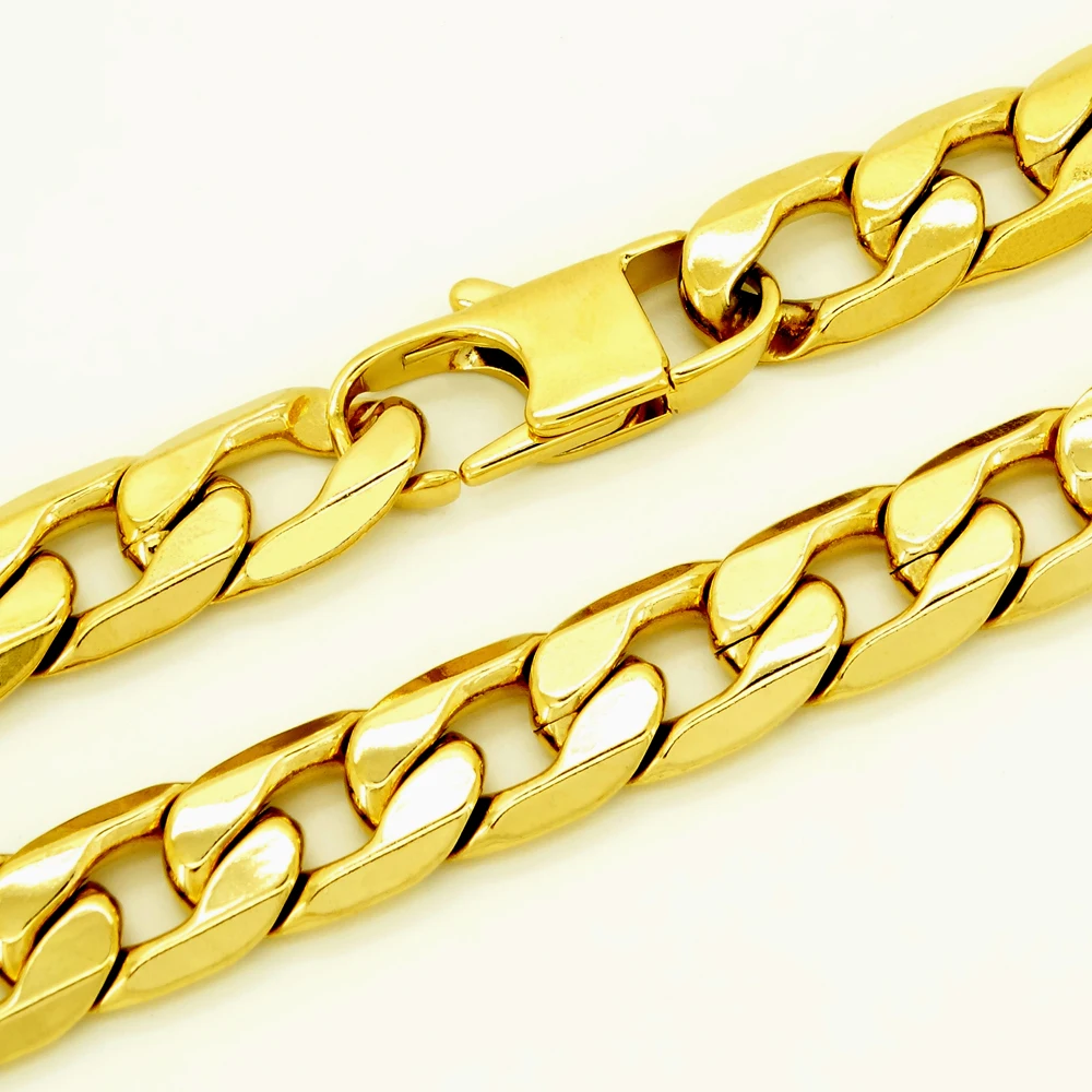 18K Gold Color Bracelets 8 Inches 100% Stainless Steel Bnagle 12MM Width Curb Cuban Chain for Musculine Men Women