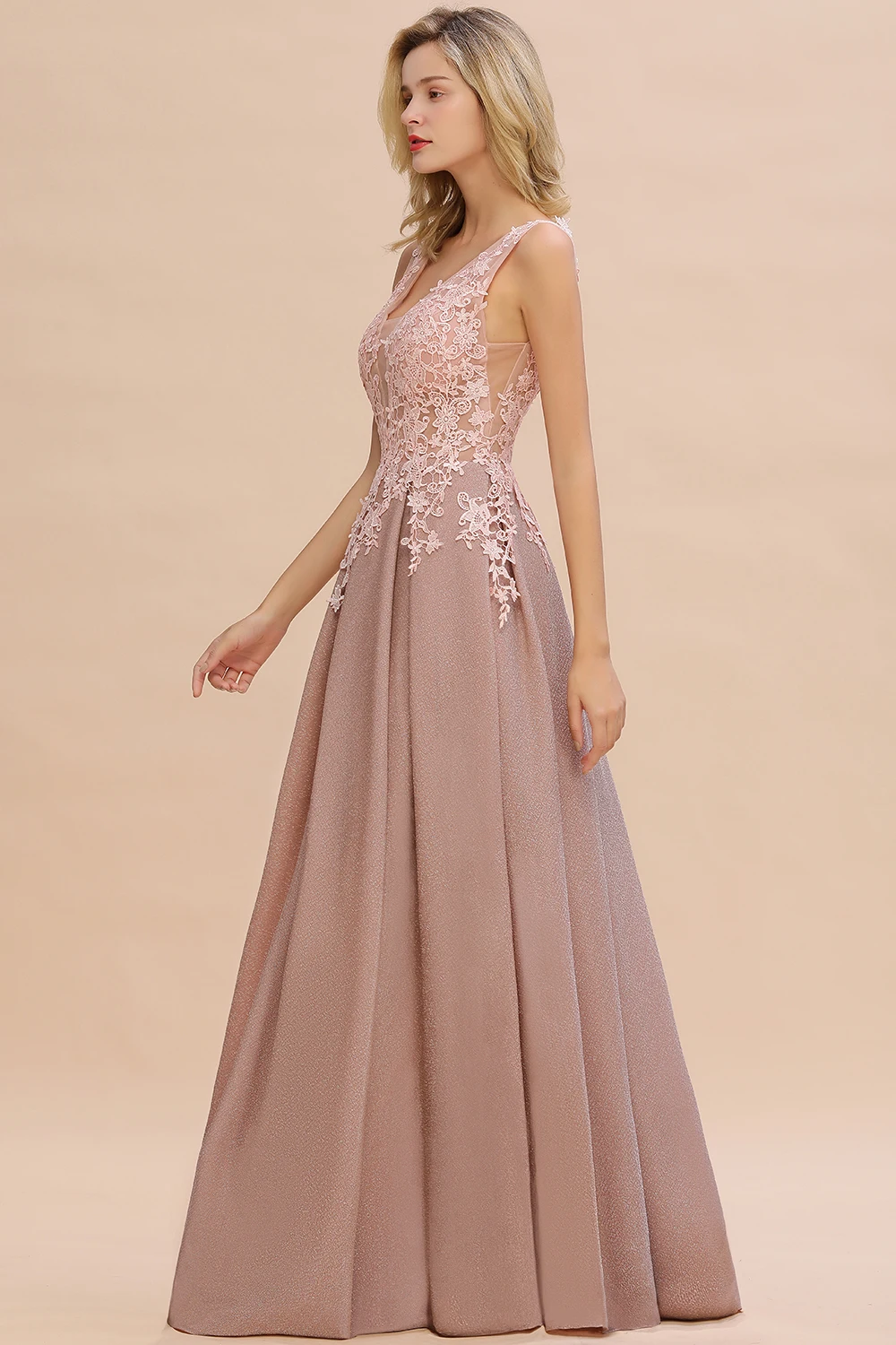 Robe de soirée longue rose poussiéreuse, sans manches, avec des Appliques en dentelle, dos nu, ligne A, robe élégante, Sexy, robes de fête