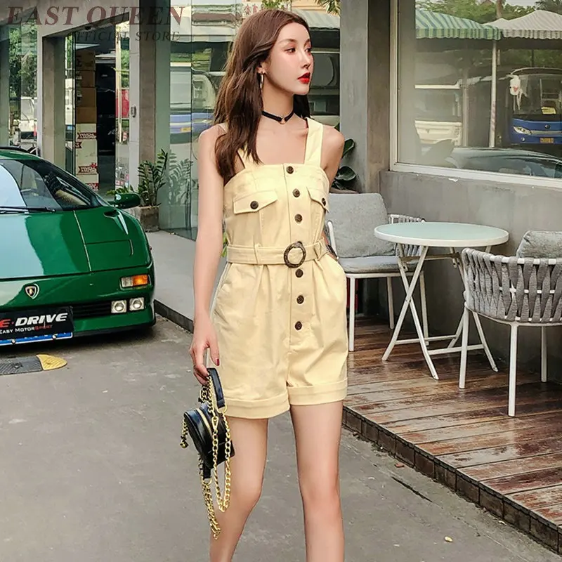 Wanita Dungarees Celana Pendek Musim Panas Jumpsuit Tombol Belt Overall Playsuits Saku Baju Wanita 2019 Celana Kodok untuk Wanita DD2313