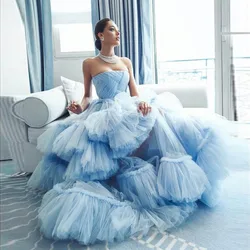 Pretty Sky Blue Ruffles Tulle Ball Gowns Off The Shoulder Charming Tulle Long Prom Gowns Women Summer Formal Dress Vestidos