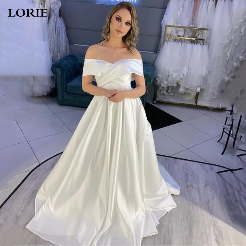 

LORIE Princess Wedding Dresses Satin Vintage Off The Shoulder Wedding Bride Dress Lace Up Back White Ivory Wedding Ball Gown