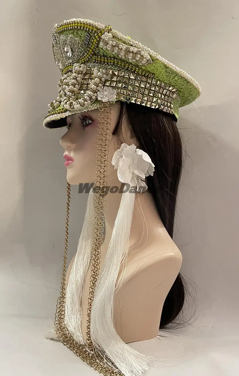 Handmade Diy Ultimate Captain Festival Military Headwear Burning Embellished Hat Bespoke Rhinestone Crystal Sequin Cap