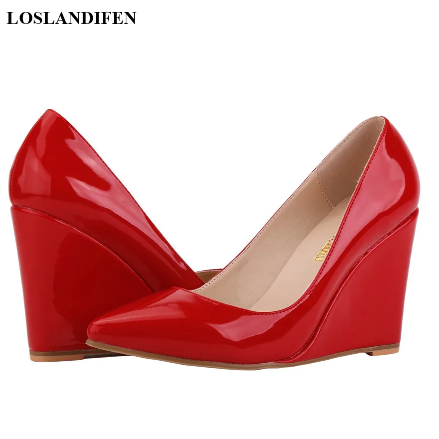 Zapatos de cuña de charol para mujer, calzado de punta puntiaguda, poco profundo, tacones altos rojos y amarillos, vestido de novia, 14 colores,