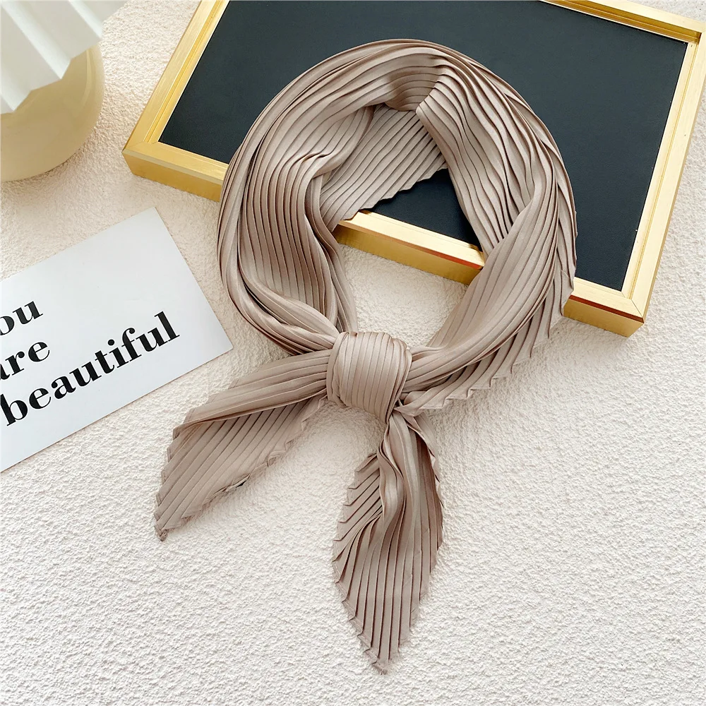 Square Pleated Satin Scarf Women Solid Color Bandana Headscarf Foulard Scarves Decorative Headscarf Skinny Hair Tie Band 2022