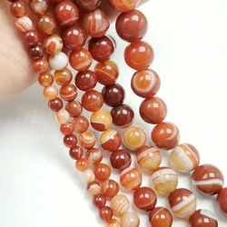 Natural Stone Red Orange Stripe Agat Round Loose Beads 6/8/10/12/14MM Pick Size For Jewelry Making