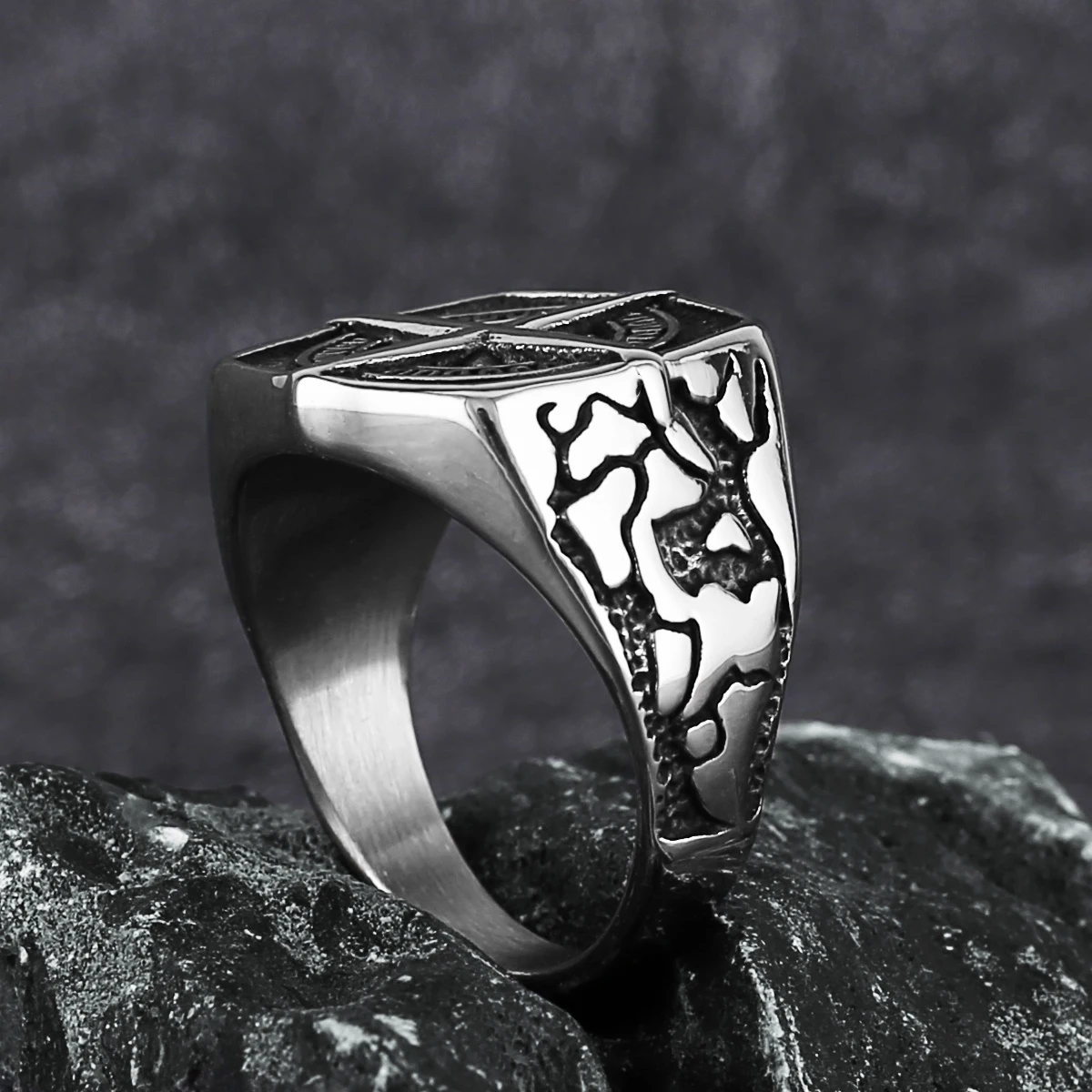 Vikings Cross Nautical Chart Amulet Ring Men\'s Stainless Steel Nordic Rune Ring Gift Biker Punk Hip Hop Jewelry
