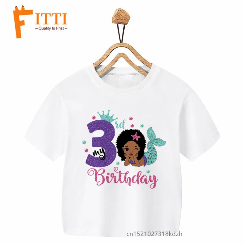 Afro Mermaid Birthday Number Print Girl White T-shirt Kid Summer Harajuku Kawaii Funny Clothes Little Baby Y2K Clothes,Drop Ship