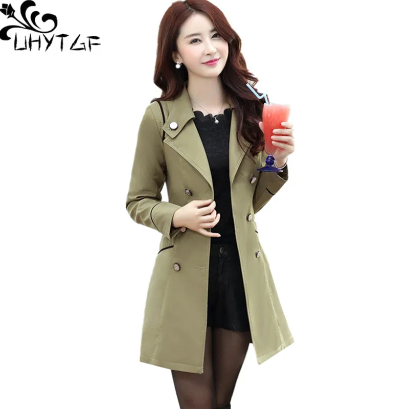 UHYTGF Loose Size Coats Ladies Double-Breasted Fashion Cardigan Trench Coat Korean Women\'s Elegant Female Windbreaker Outwear 90