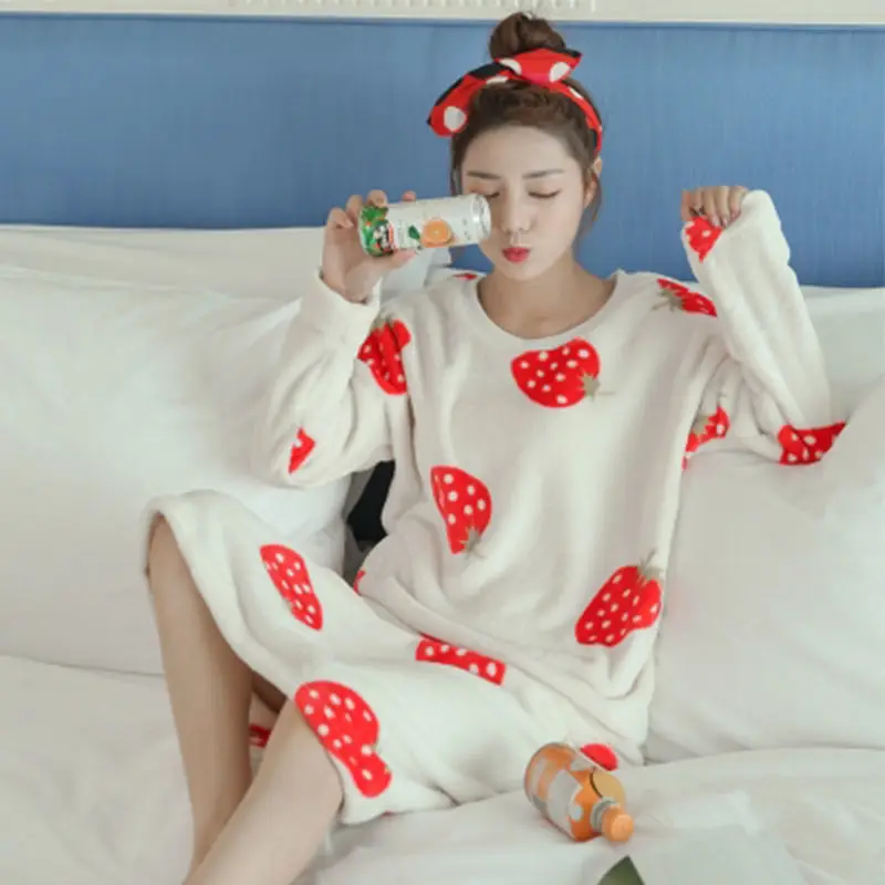 Nightgowns Women Coral Velvet Printed Korean Style Leisure Daily Womens Student Loose Kawaii Elegant New Soft Comfortable Warm