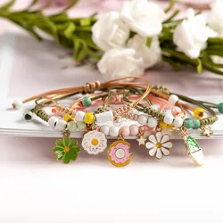 Cute Flower Ceramic With Metal Drip Glaze Pendant Bracelet Hand-Wowen Charms Gift Bracelets Bangles Wholesale #XN072