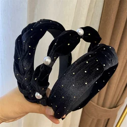 Retro Velvet Wide-Brimmed Pearls Headband Fashion Black Hair Hoop Womens Girl Rhinestone Hair Bands Braided Hair Accessories