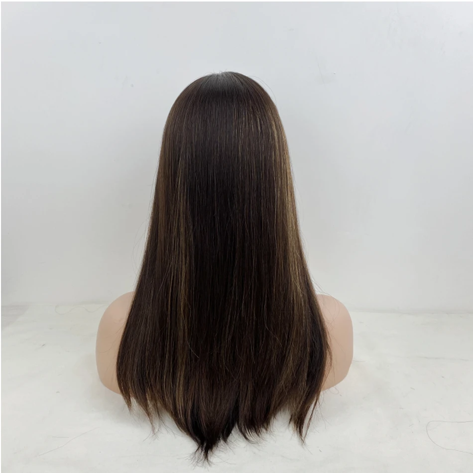 Long Straight Brown Color With Highlights Jewish Kosher Wigs 100% Real Human Hair Sheitel Without Bangs