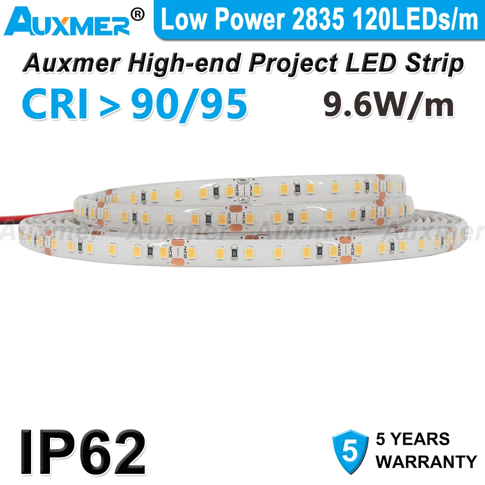 Low Power 2835 120LEDs/m LED Strip IP62 Silicone Waterproof CRI95/90,DC12V/24V 9.6W/m 16.4ft/5m,Dimmable Flexible LED Rope Light