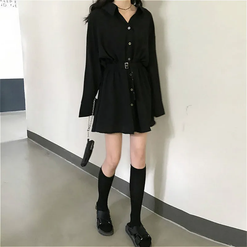 Dress Women Pure Turn-down Collar Button Long Sleeve Collect Waist Elegant Fashion Black Clothing Fall 2020 Hepburn Vestido Chic