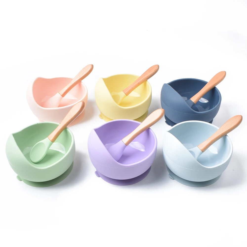 Baby Silicone Bowl Set BPA Free Non-slip Children\'s Suction Bowl Wooden Handle Silicone Spoon Food Grade Waterproof Tableware