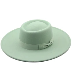 The new ring-shaped flat-top wool felt big eaves Bowler hat ladies spring and autumn and winter fashion flat-top woolen hat