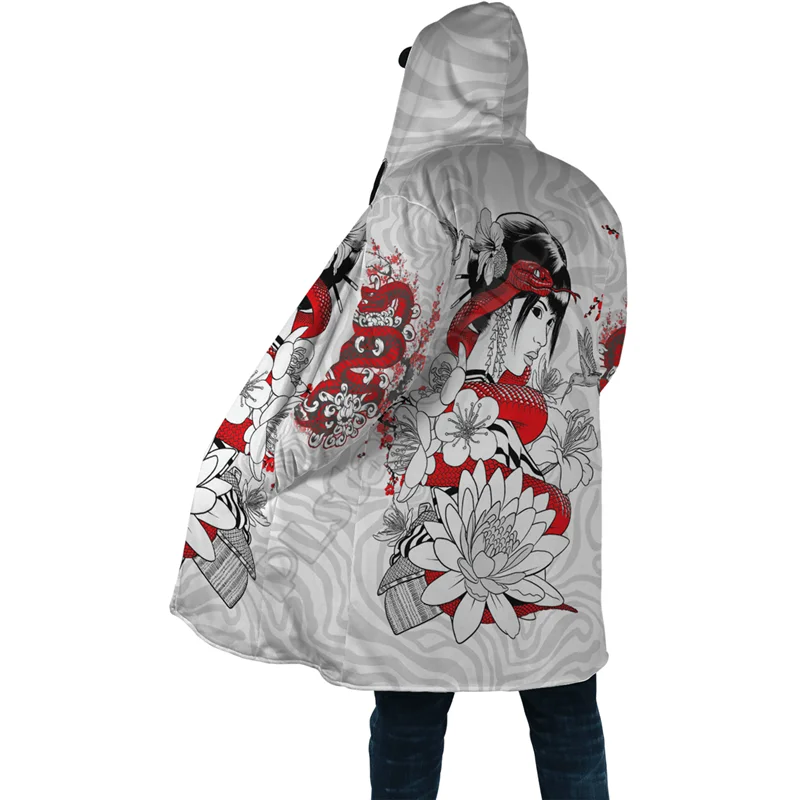 Winter Men For Women Hooded Cloak Japan Geisha Tattoo 3D Prined Fleece Wind breaker Warm Hood Cloak 03